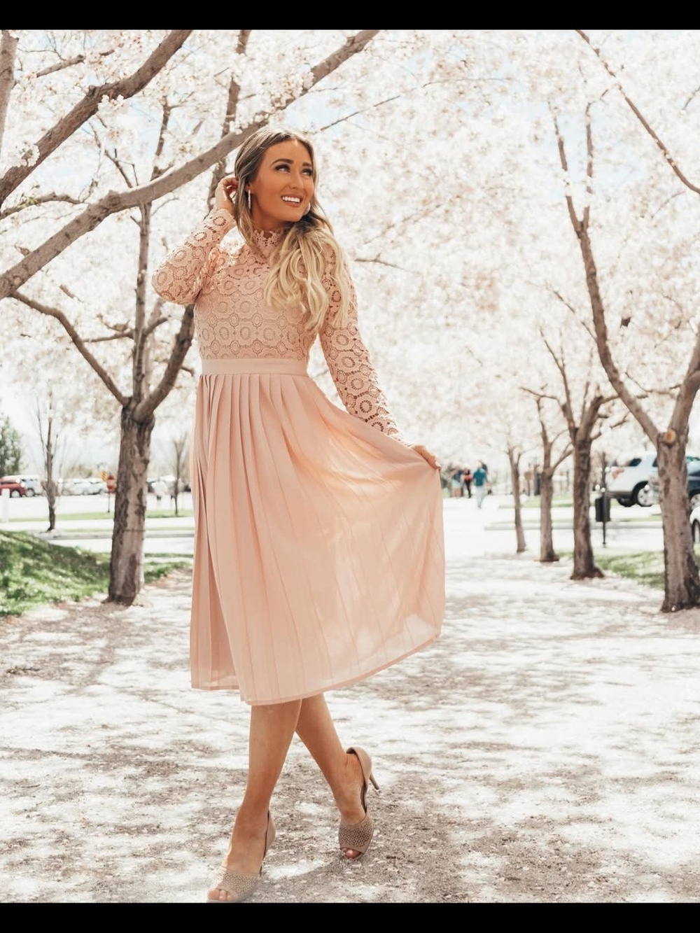 Ivy City Co Blush Lace & Pleated Midi Skirt Arabella Dress 2019 EUC Size Large